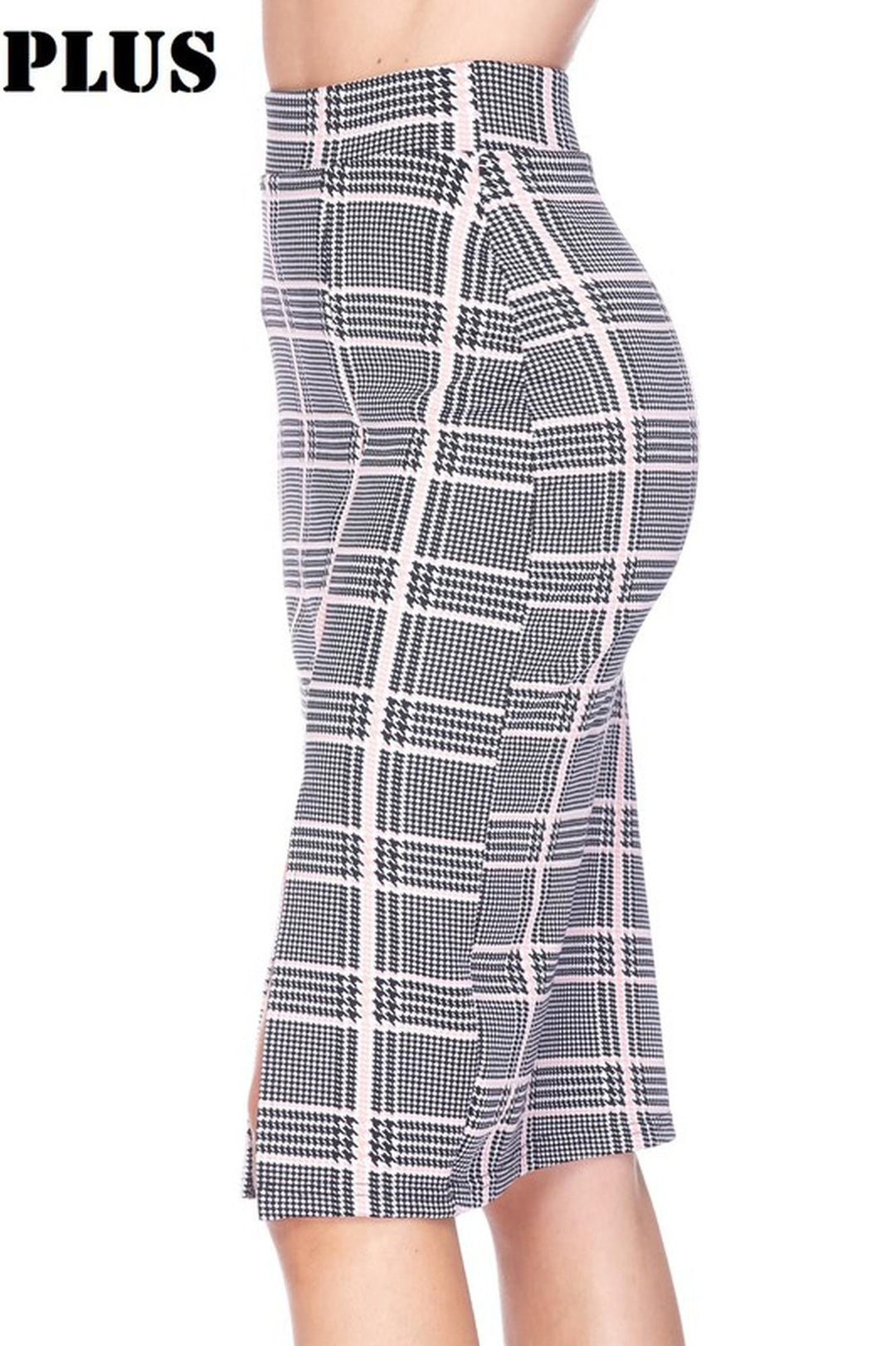 Wholesale Silky Soft Scuba Baby Pink Glen Plaid Plus Size Pencil Skirt with Front Slit