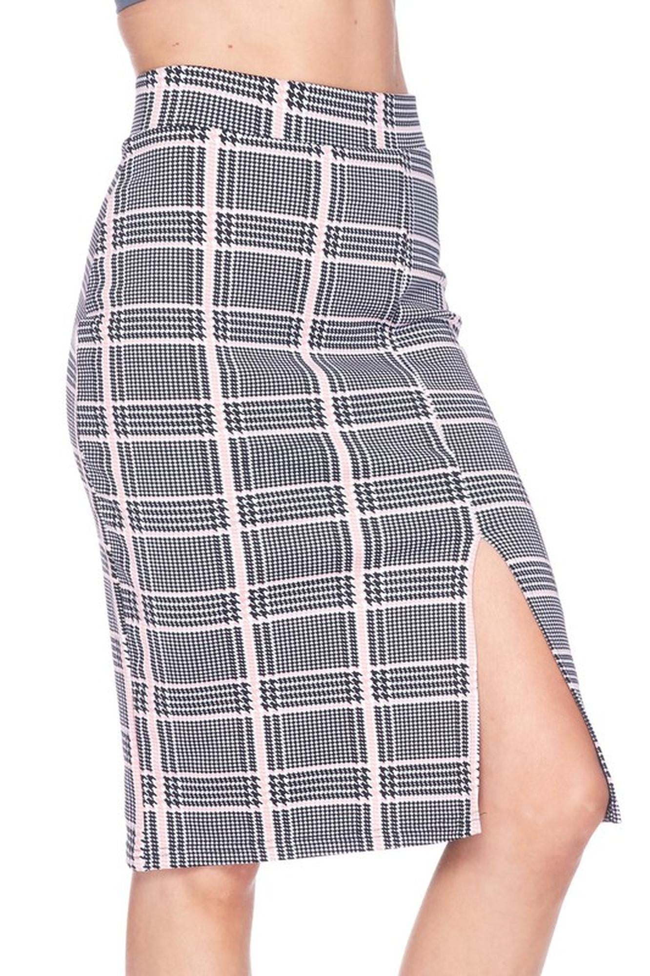 Wholesale Silky Soft Scuba Baby Pink Glen Plaid Plus Size Pencil Skirt with Front Slit