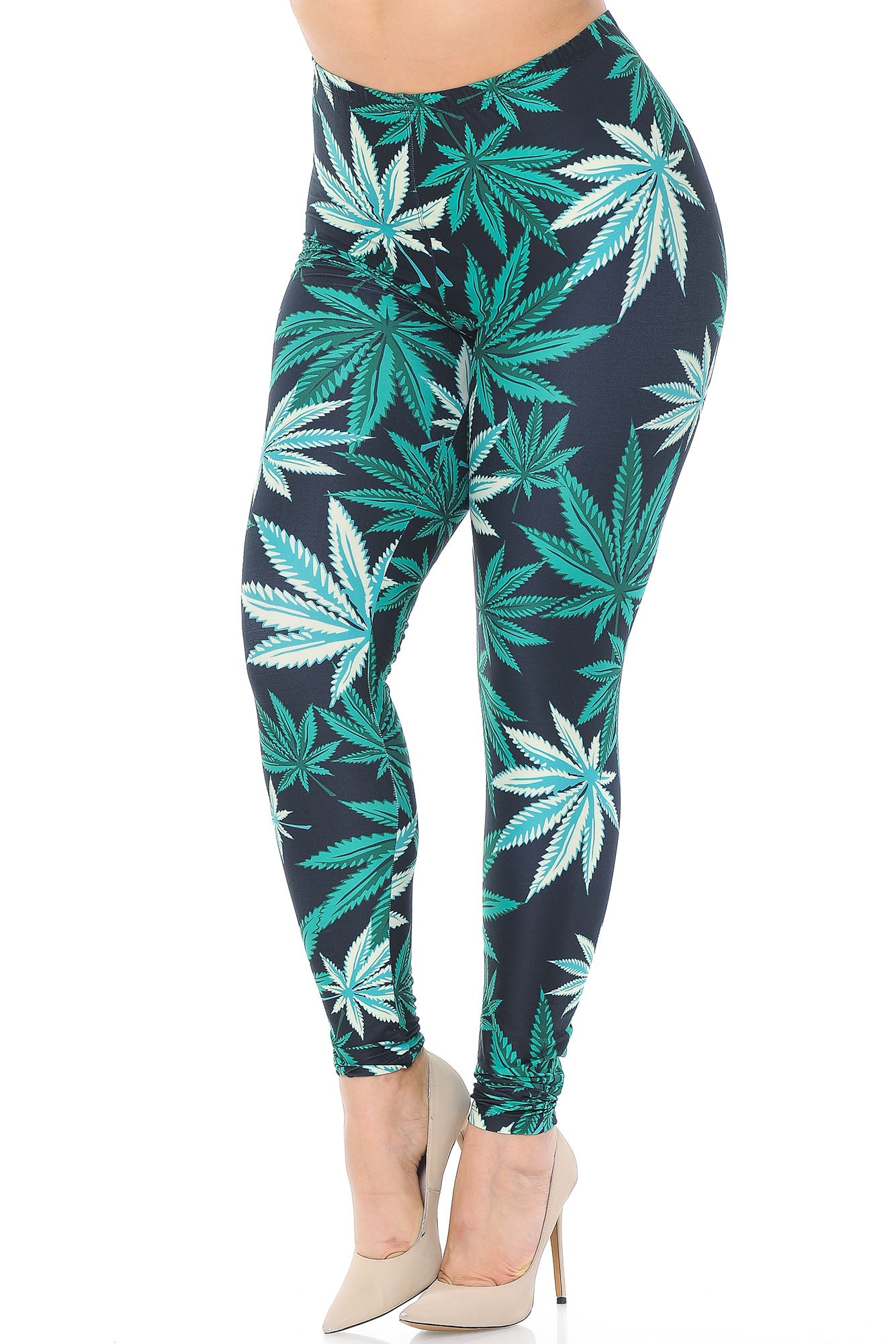 Wholesale Creamy Soft Black Weed Plus Size Leggings - USA Fashion