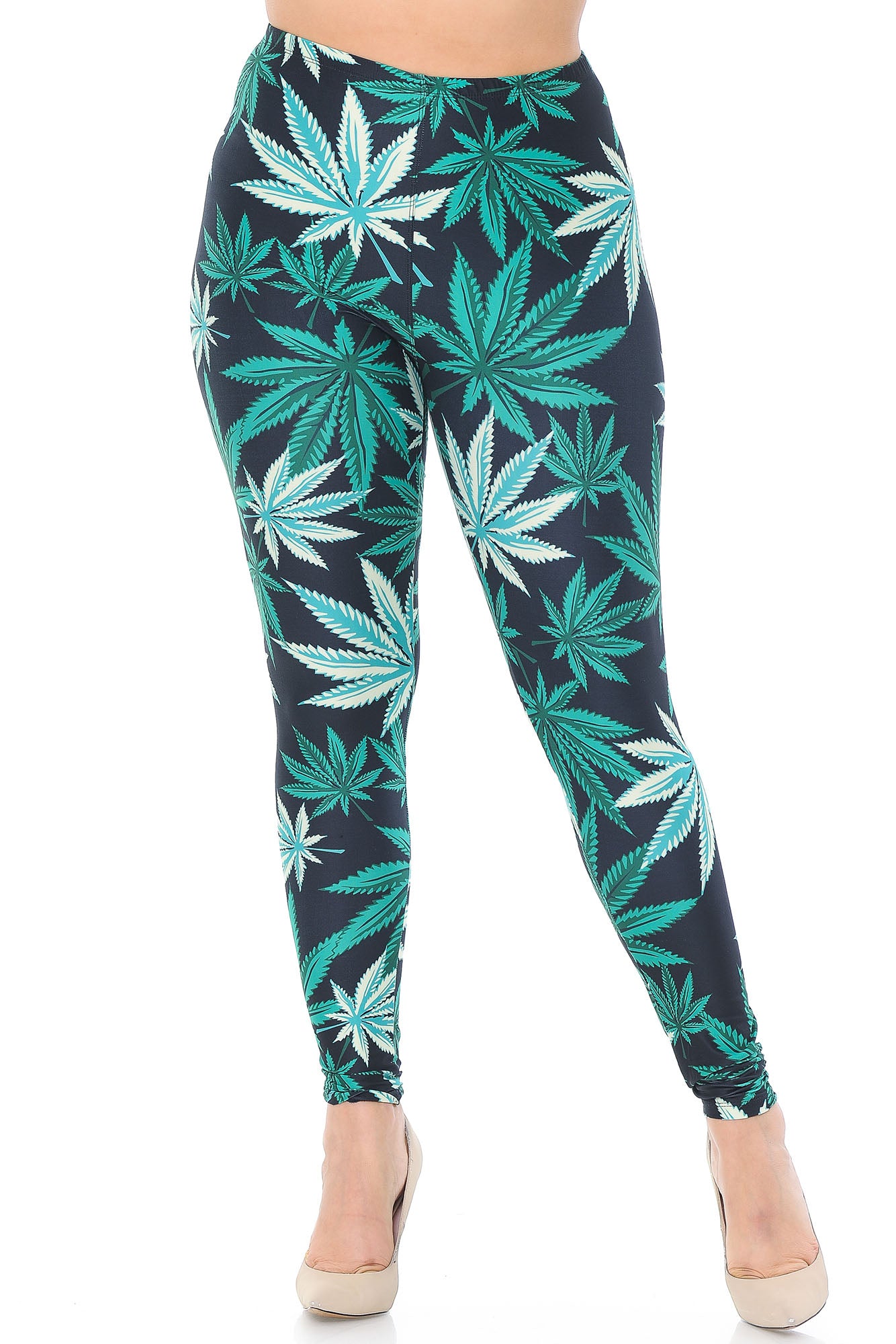 Wholesale Creamy Soft Black Weed Plus Size Leggings - USA Fashion