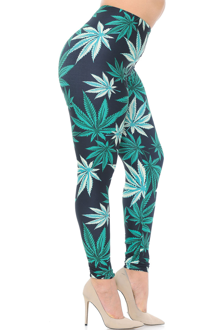Wholesale Creamy Soft Black Weed Plus Size Leggings - USA Fashion