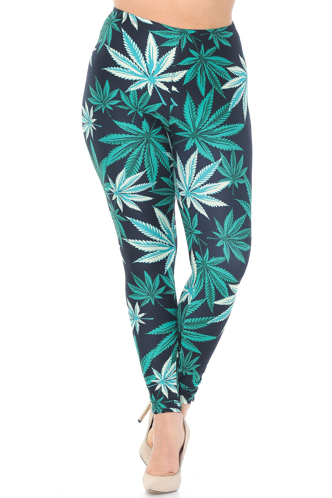 Wholesale Creamy Soft Black Weed Plus Size Leggings - USA Fashion