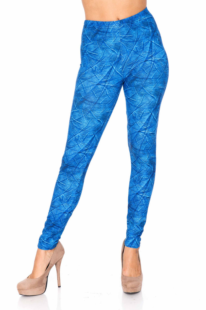 Wholesale Creamy Soft Blue Wrinkled Denim Plus Size Leggings - USA Fashion