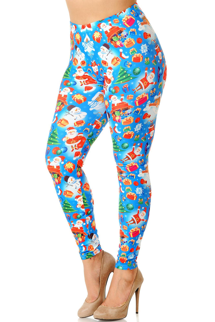 Wholesale Creamy Soft Festive Blue Christmas Plus Size Leggings
