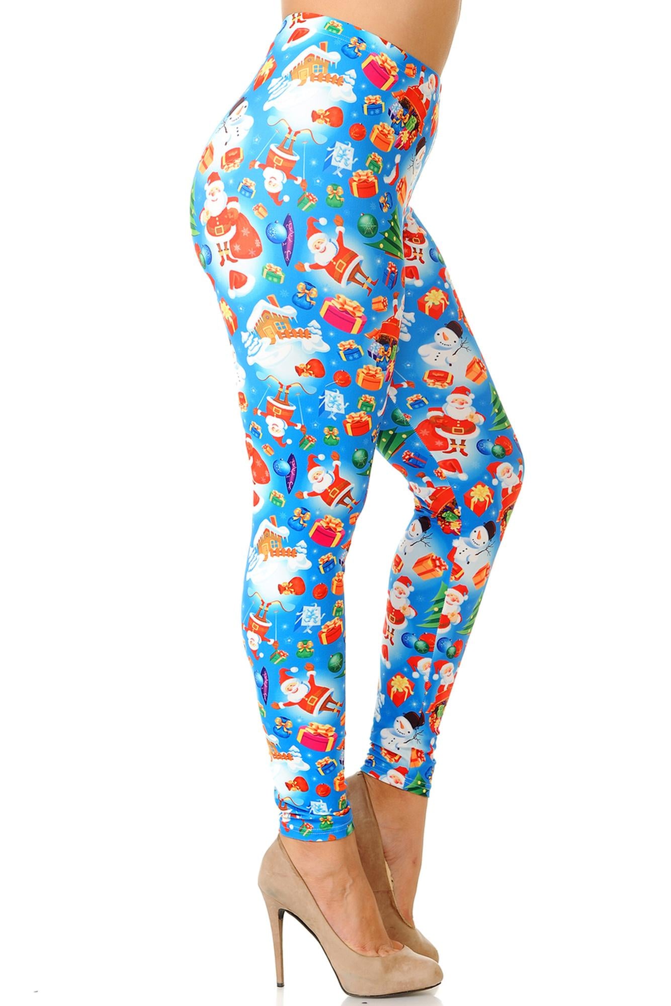 Wholesale Creamy Soft Festive Blue Christmas Plus Size Leggings