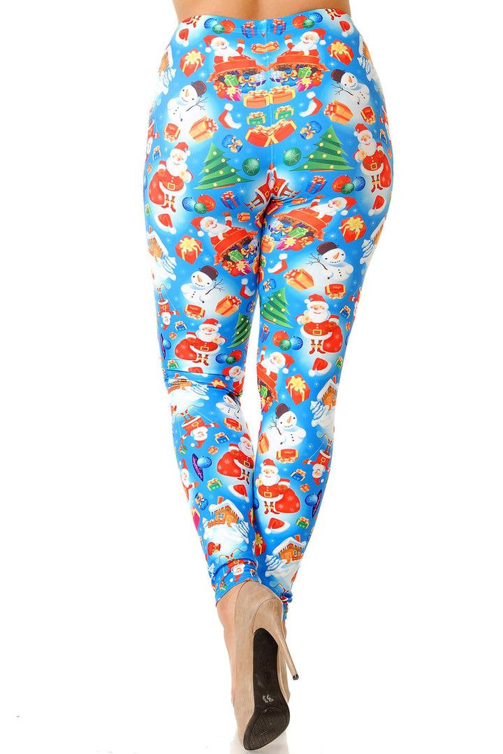 Wholesale Creamy Soft Festive Blue Christmas Plus Size Leggings