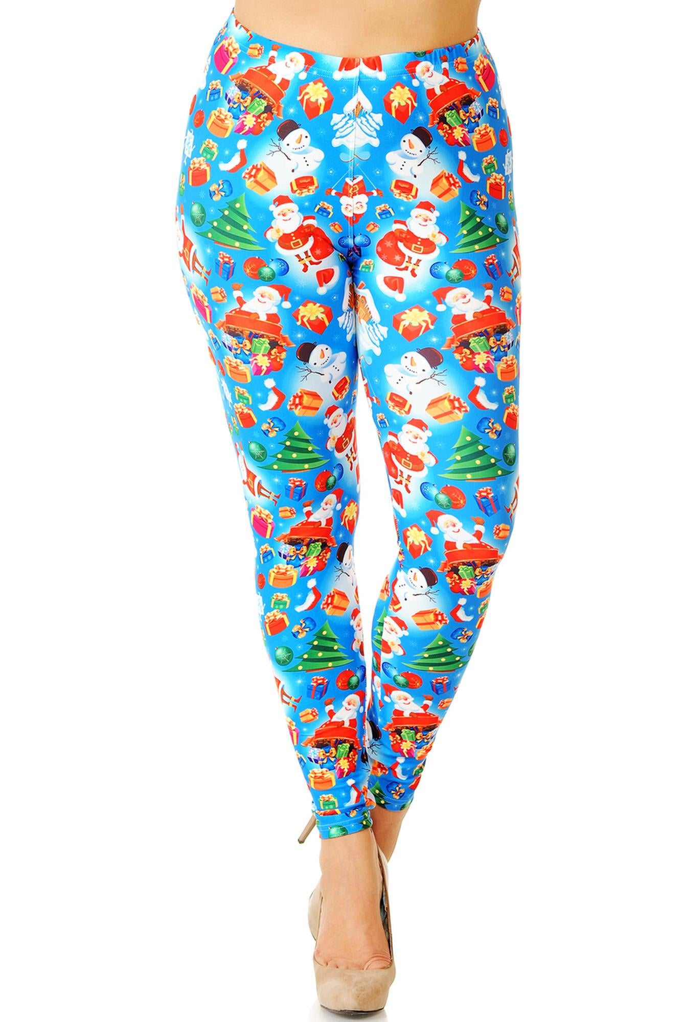 Wholesale Creamy Soft Festive Blue Christmas Plus Size Leggings