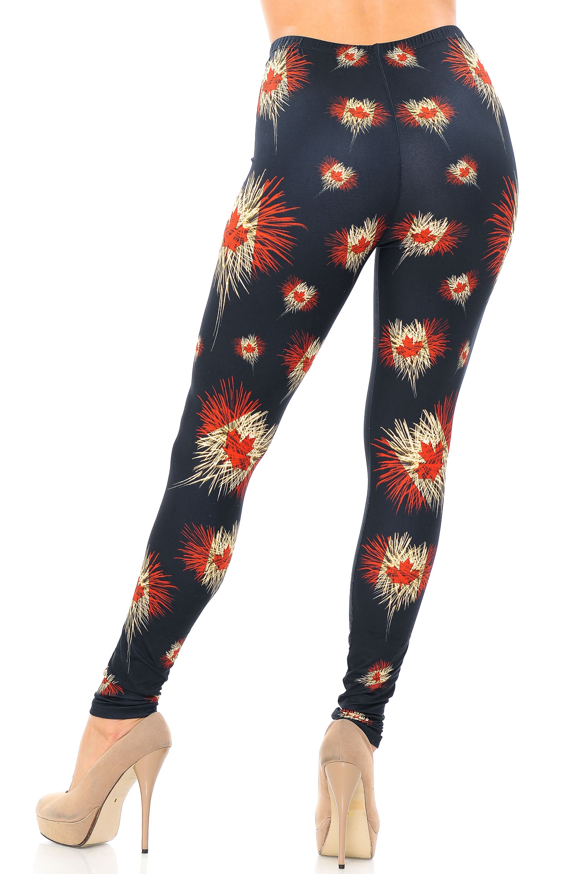 Wholesale Creamy Soft Canadian Flag Fireworks Plus Size Leggings - USA Fashion