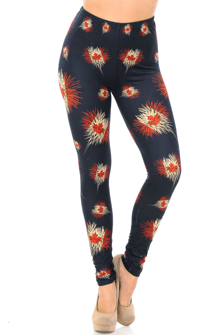 Wholesale Creamy Soft Canadian Flag Fireworks Plus Size Leggings - USA Fashion
