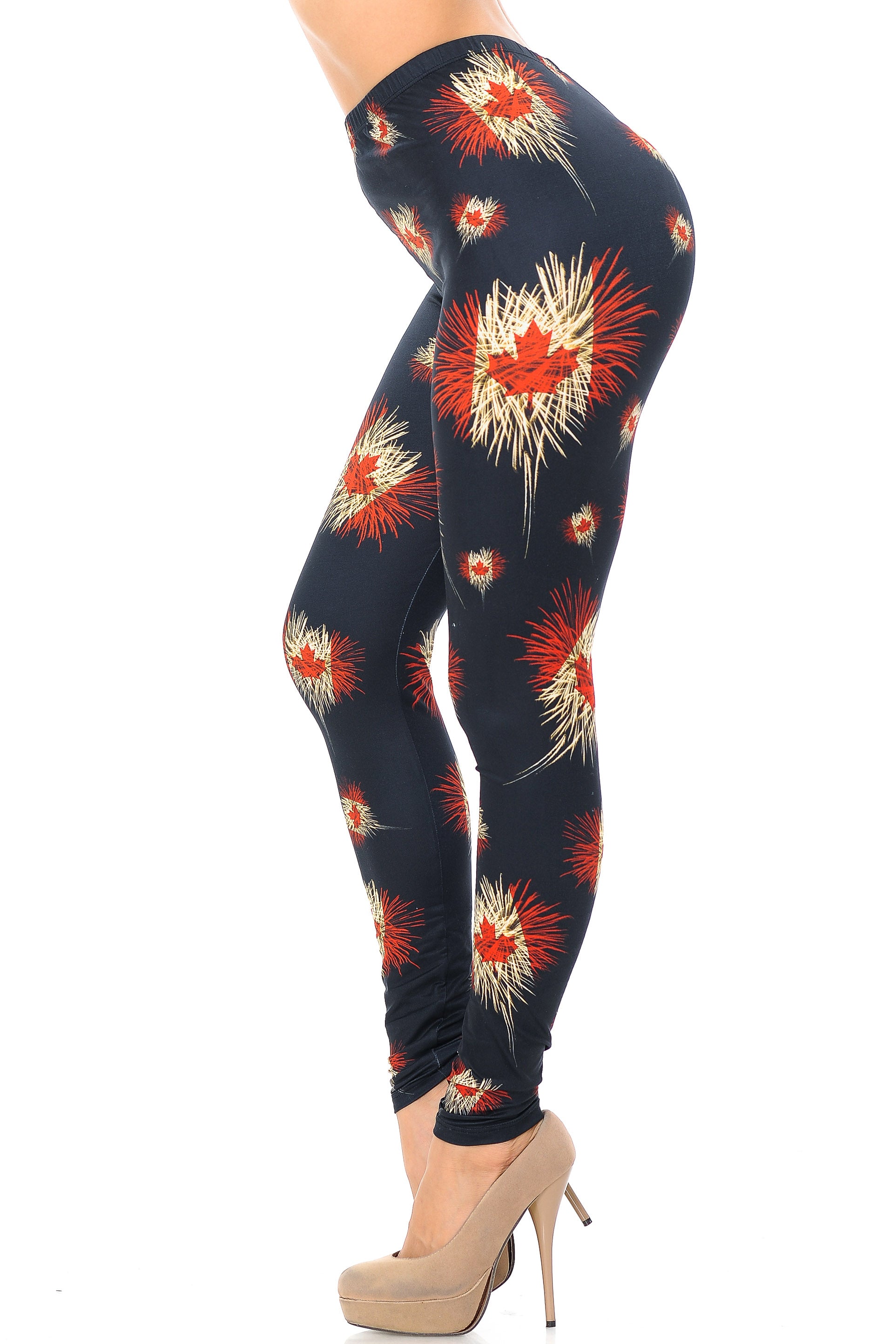 Wholesale Creamy Soft Canadian Flag Fireworks Plus Size Leggings - USA Fashion