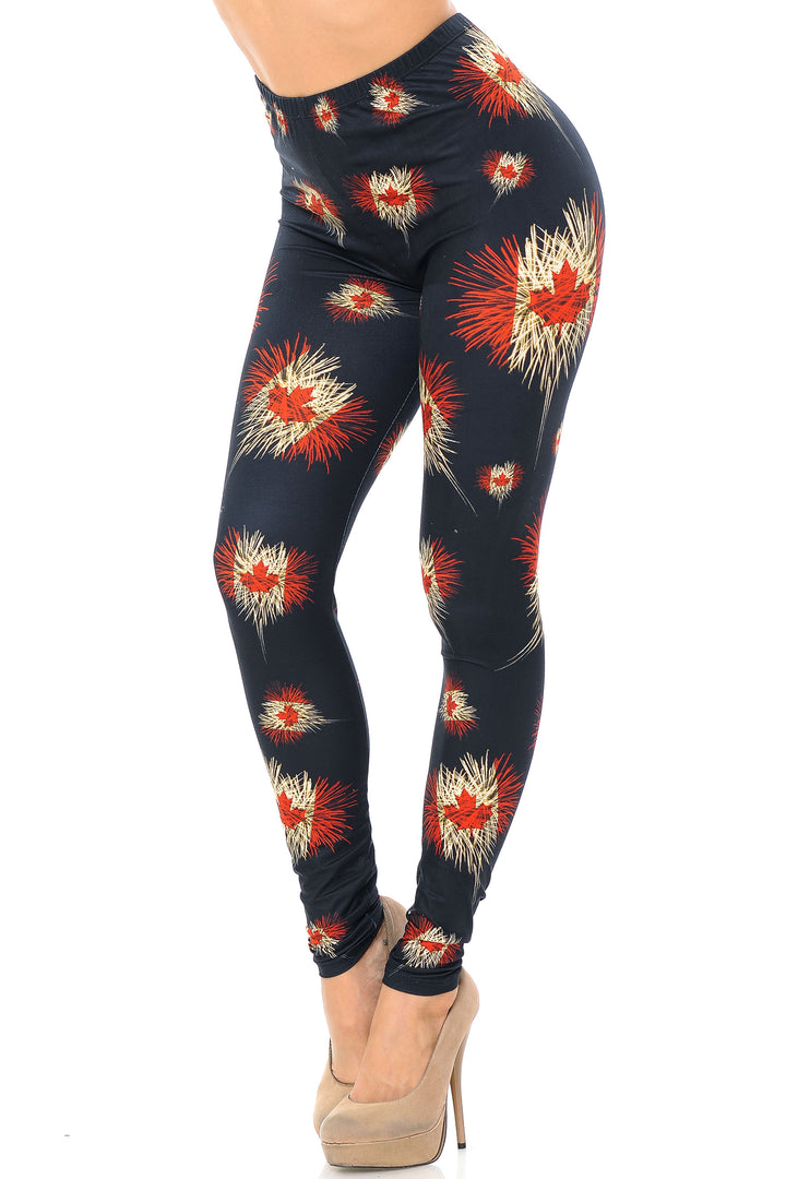Wholesale Creamy Soft Canadian Flag Fireworks Plus Size Leggings - USA Fashion