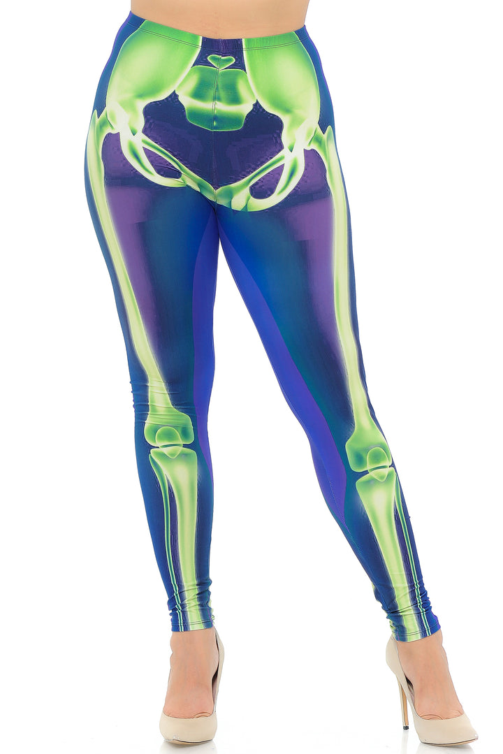 Wholesale Creamy Soft Cyan Blue Skeleton Bones Plus Size Leggings - USA Fashion