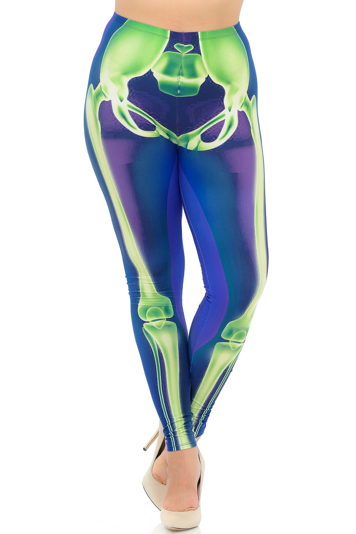 Wholesale Creamy Soft Cyan Blue Skeleton Bones Plus Size Leggings - USA Fashion