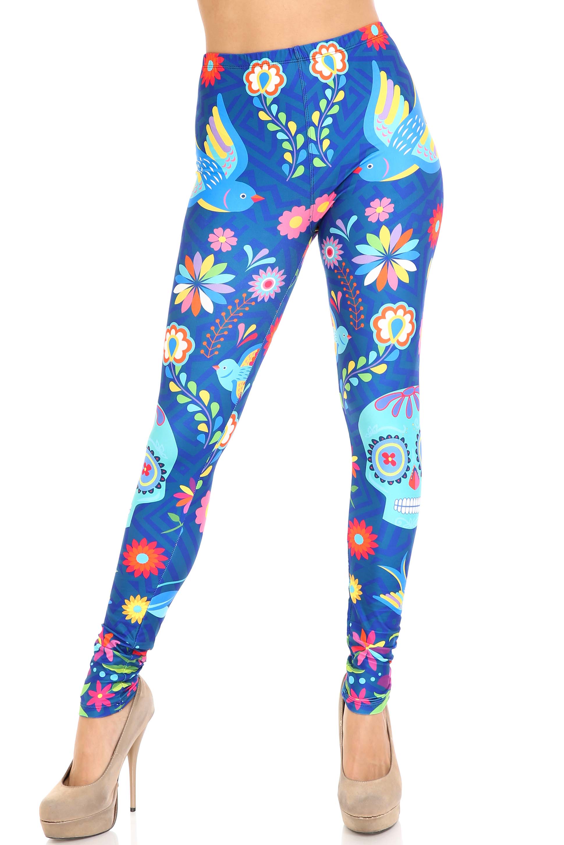 Wholesale Creamy Soft Garden of Eden Sugar Skull Plus Size Leggings - USA Fashion