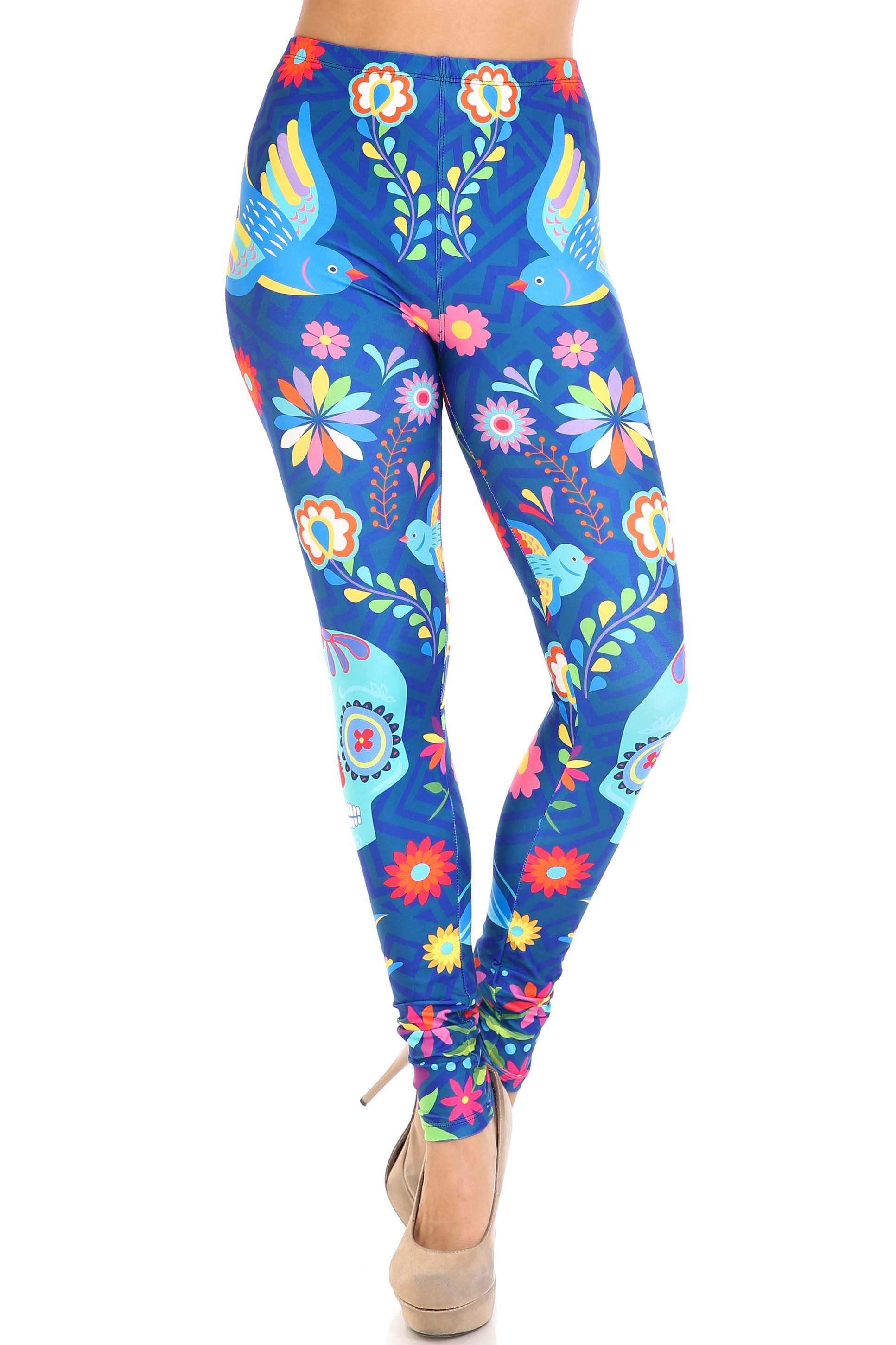 Wholesale Creamy Soft Garden of Eden Sugar Skull Plus Size Leggings - USA Fashion