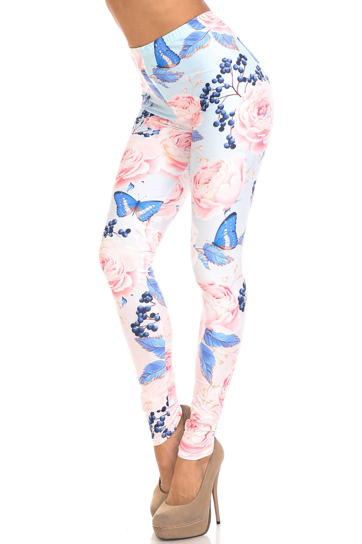 Wholesale Creamy Soft Butterflies and Jumbo Pink Roses Plus Size Leggings - USA Fashion