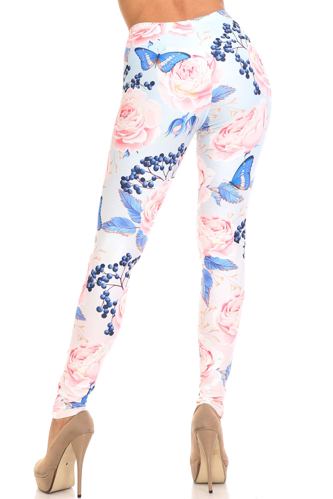 Wholesale Creamy Soft Butterflies and Jumbo Pink Roses Plus Size Leggings - USA Fashion