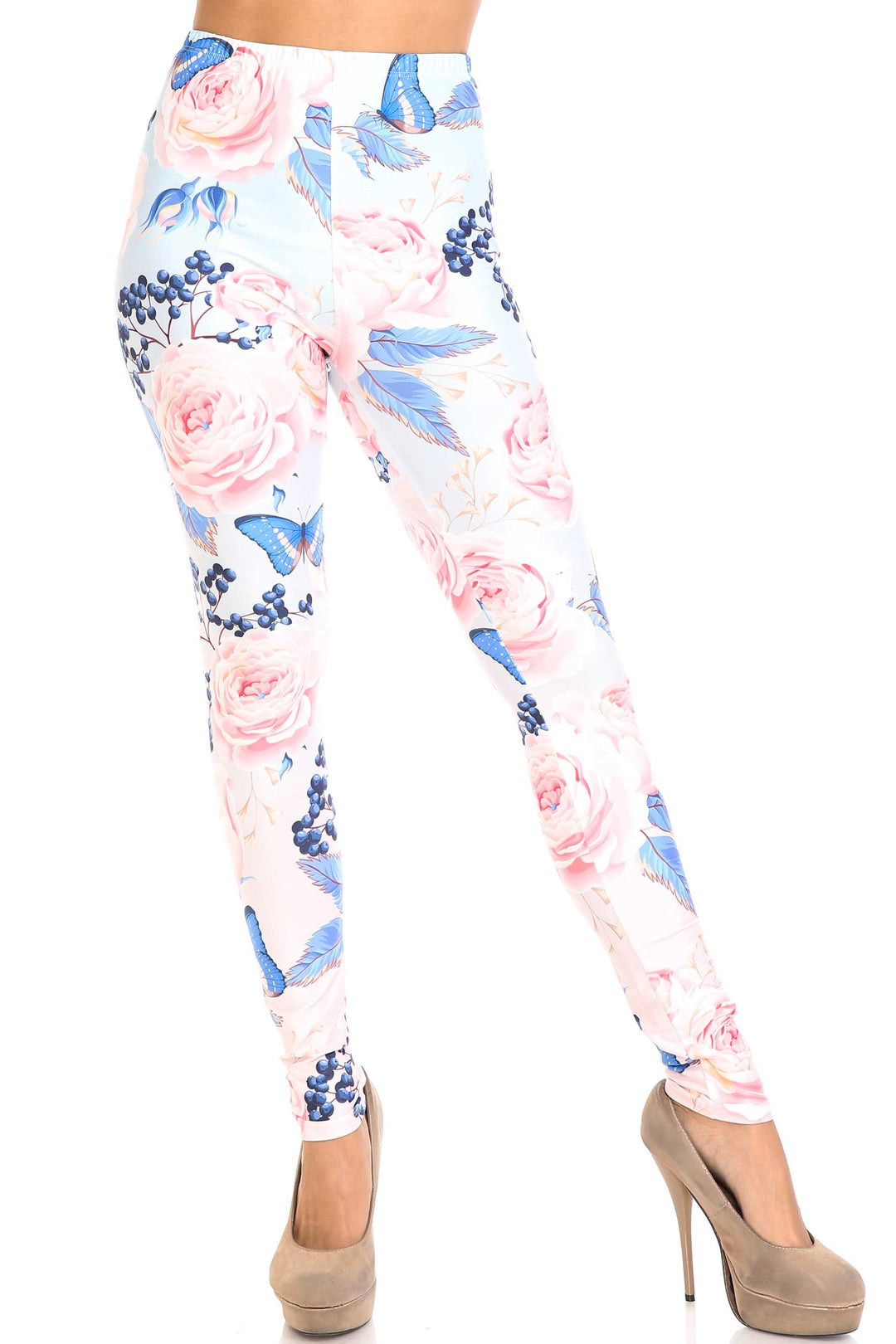 Wholesale Creamy Soft Butterflies and Jumbo Pink Roses Plus Size Leggings - USA Fashion