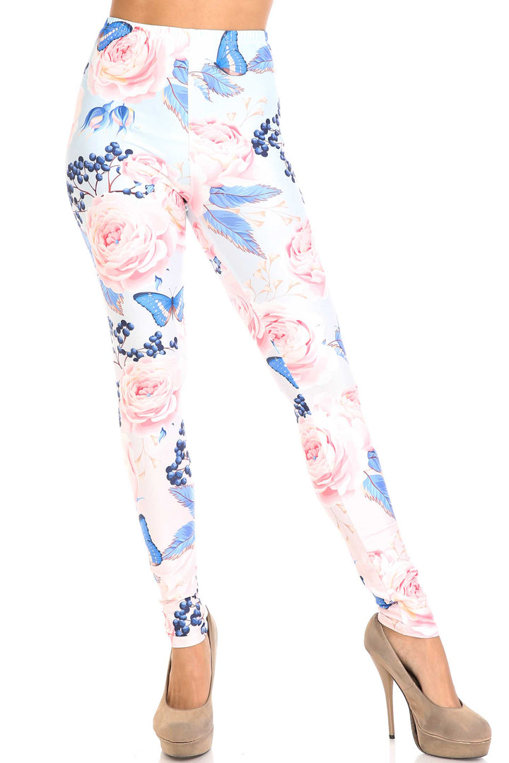 Wholesale Creamy Soft Butterflies and Jumbo Pink Roses Plus Size Leggings - USA Fashion