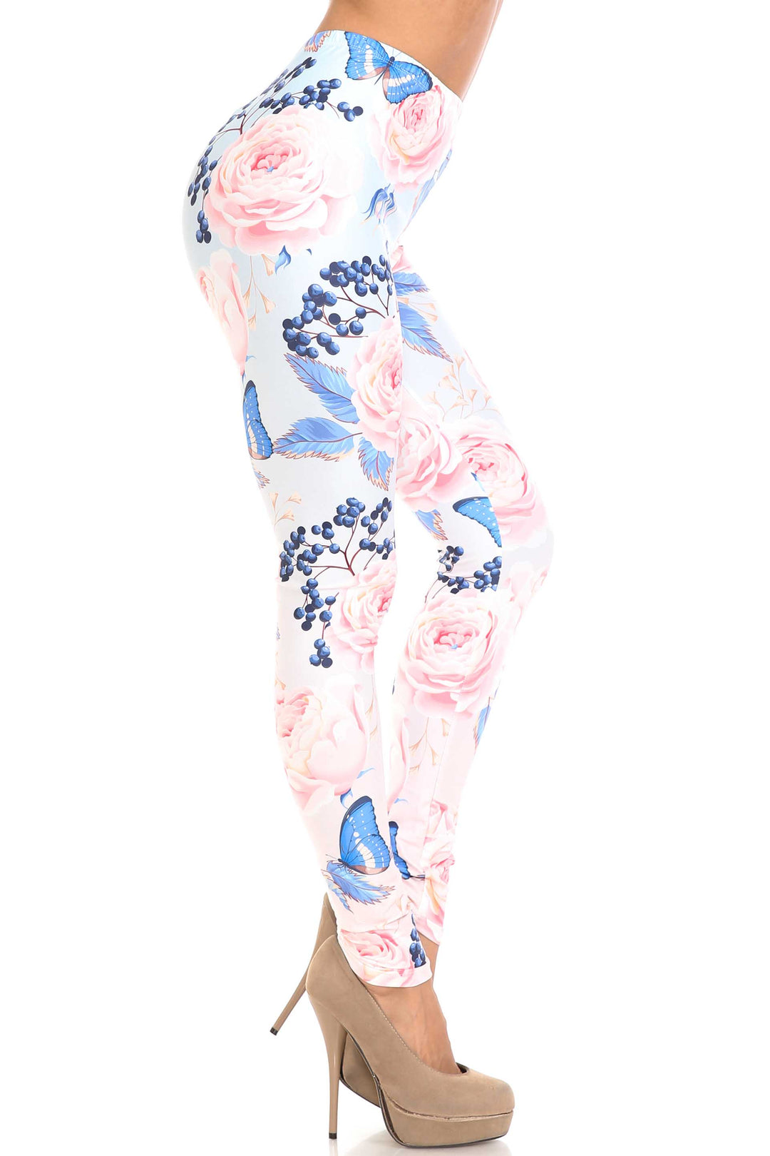 Wholesale Creamy Soft Butterflies and Jumbo Pink Roses Plus Size Leggings - USA Fashion