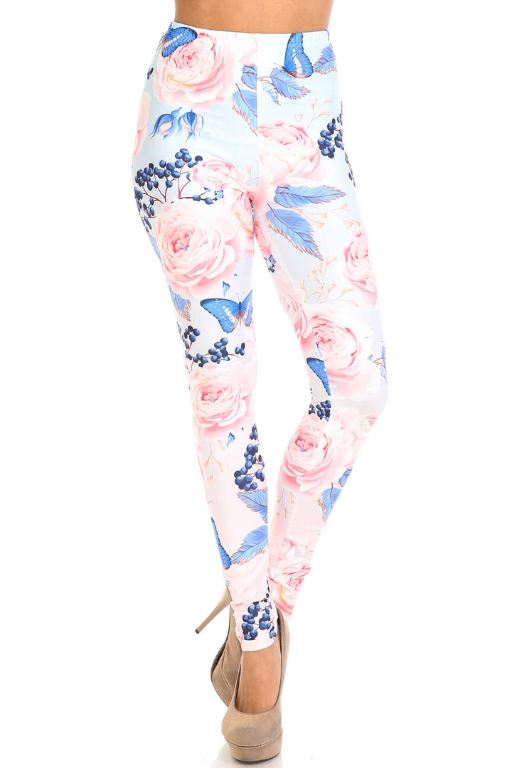 Wholesale Creamy Soft Butterflies and Jumbo Pink Roses Plus Size Leggings - USA Fashion