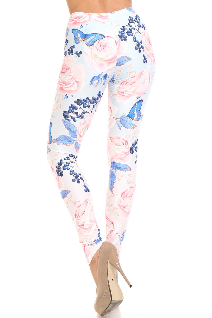 Wholesale Creamy Soft Butterflies and Jumbo Pink Roses Plus Size Leggings - USA Fashion