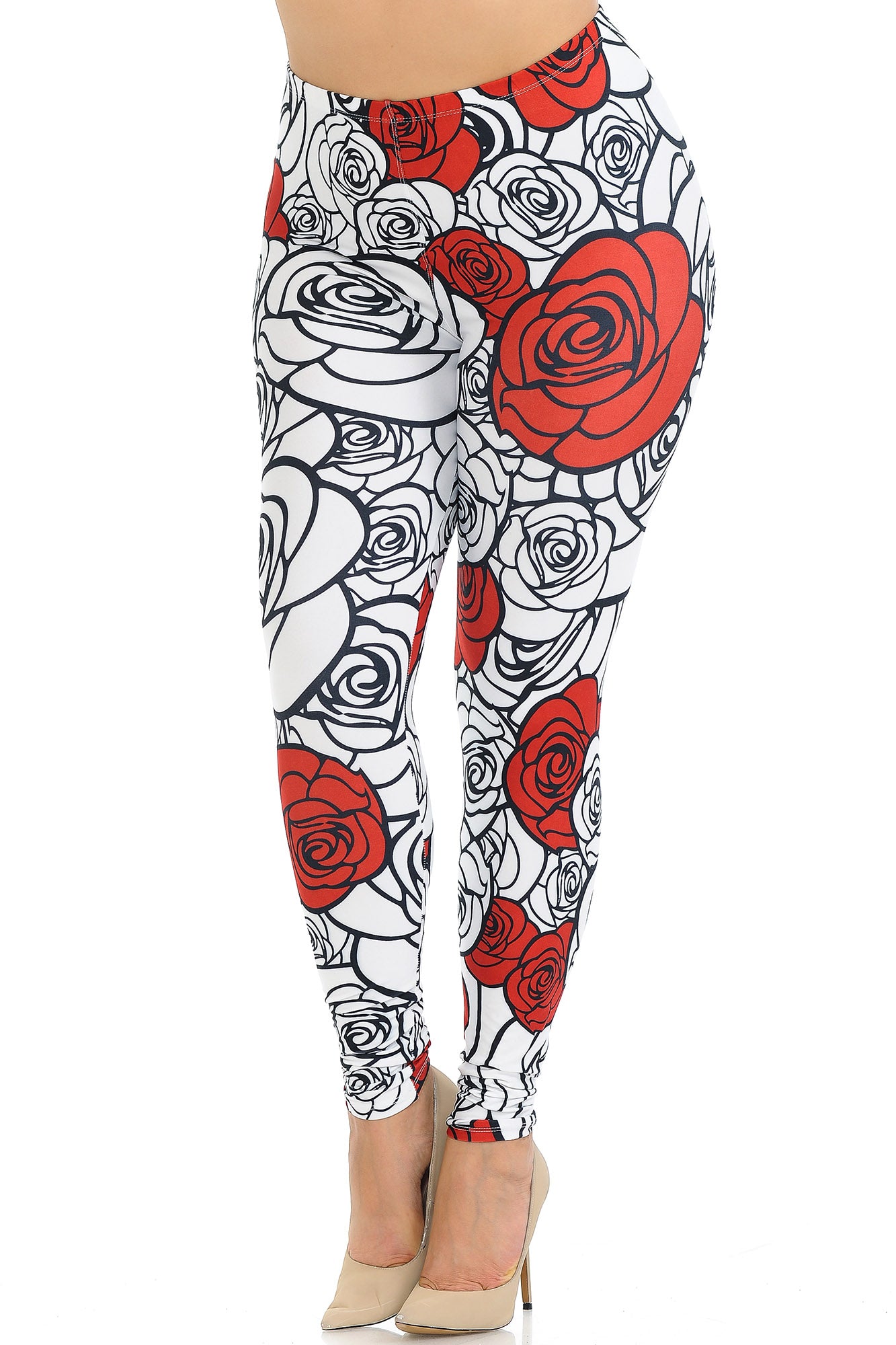 Wholesale Creamy Soft Red Stencil Roses Plus Size Leggings - USA Fashion