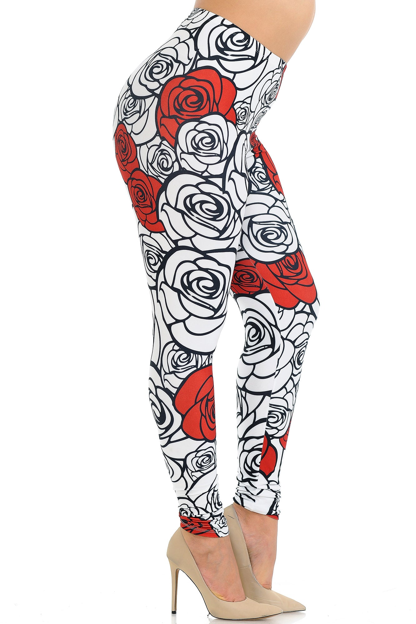 Wholesale Creamy Soft Red Stencil Roses Plus Size Leggings - USA Fashion