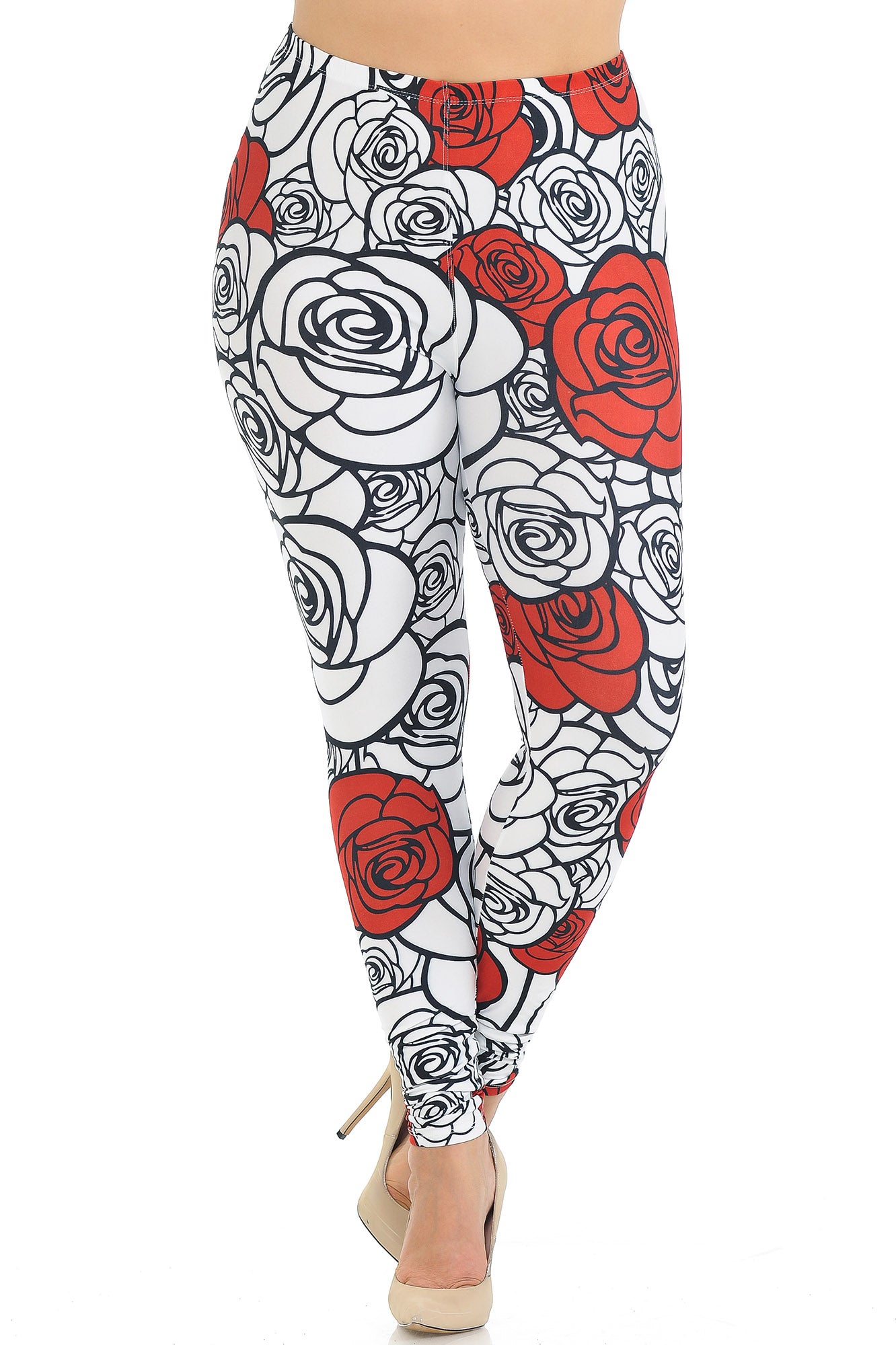 Wholesale Creamy Soft Red Stencil Roses Plus Size Leggings - USA Fashion