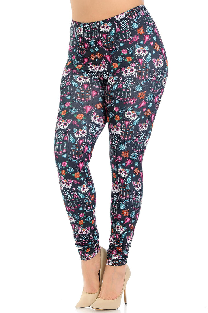 Wholesale Creamy Soft Sugar Skull Kitty Cats Plus Size Leggings - USA Fashion