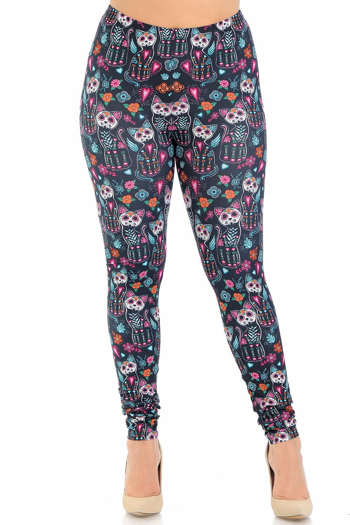 Wholesale Creamy Soft Sugar Skull Kitty Cats Plus Size Leggings - USA Fashion