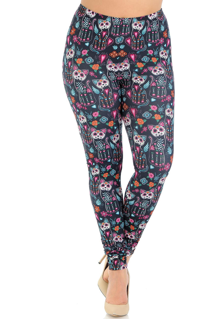 Wholesale Creamy Soft Sugar Skull Kitty Cats Plus Size Leggings - USA Fashion