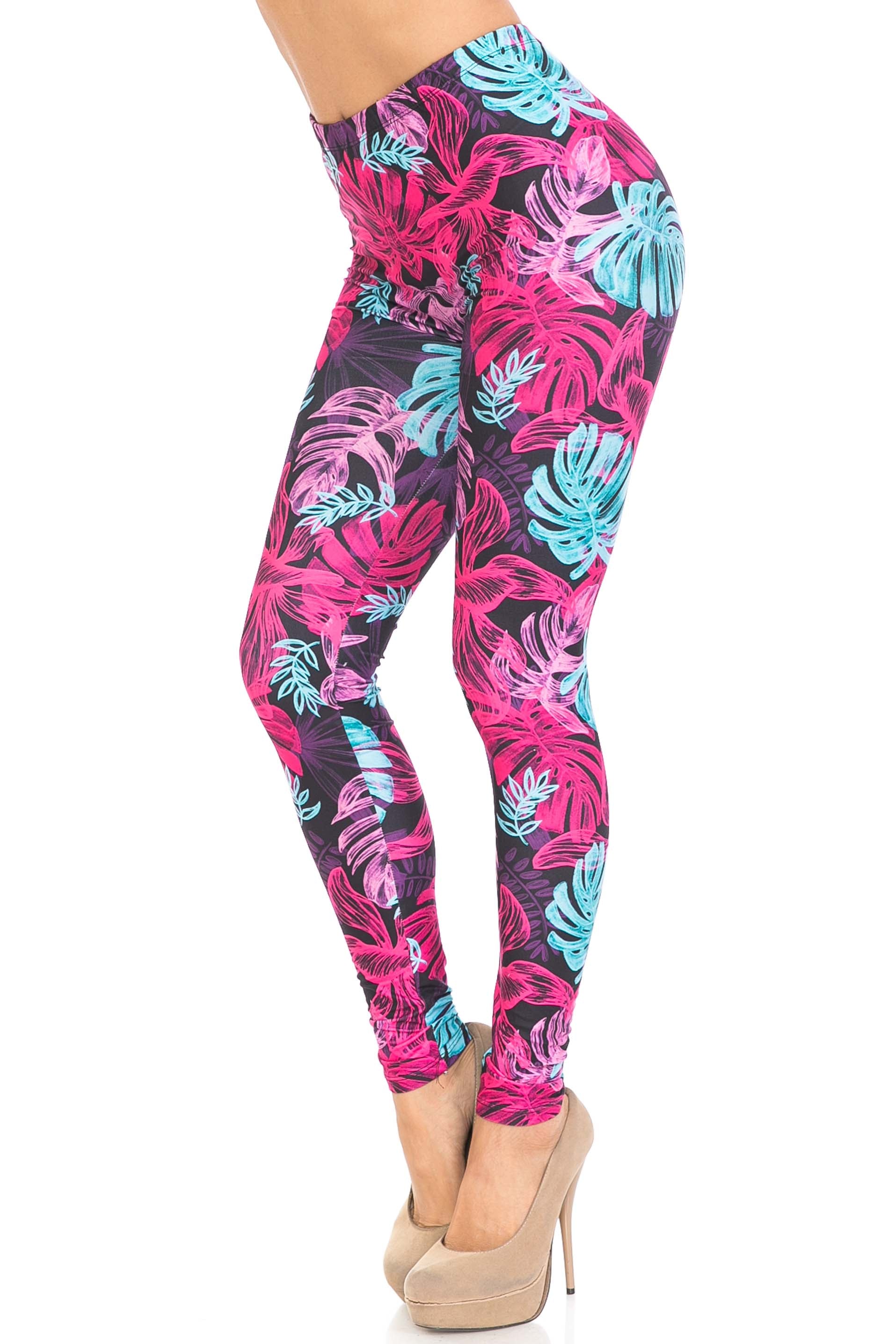 Wholesale Creamy Soft Vivid Tropical Leaves Plus Size Leggings - USA Fashion
