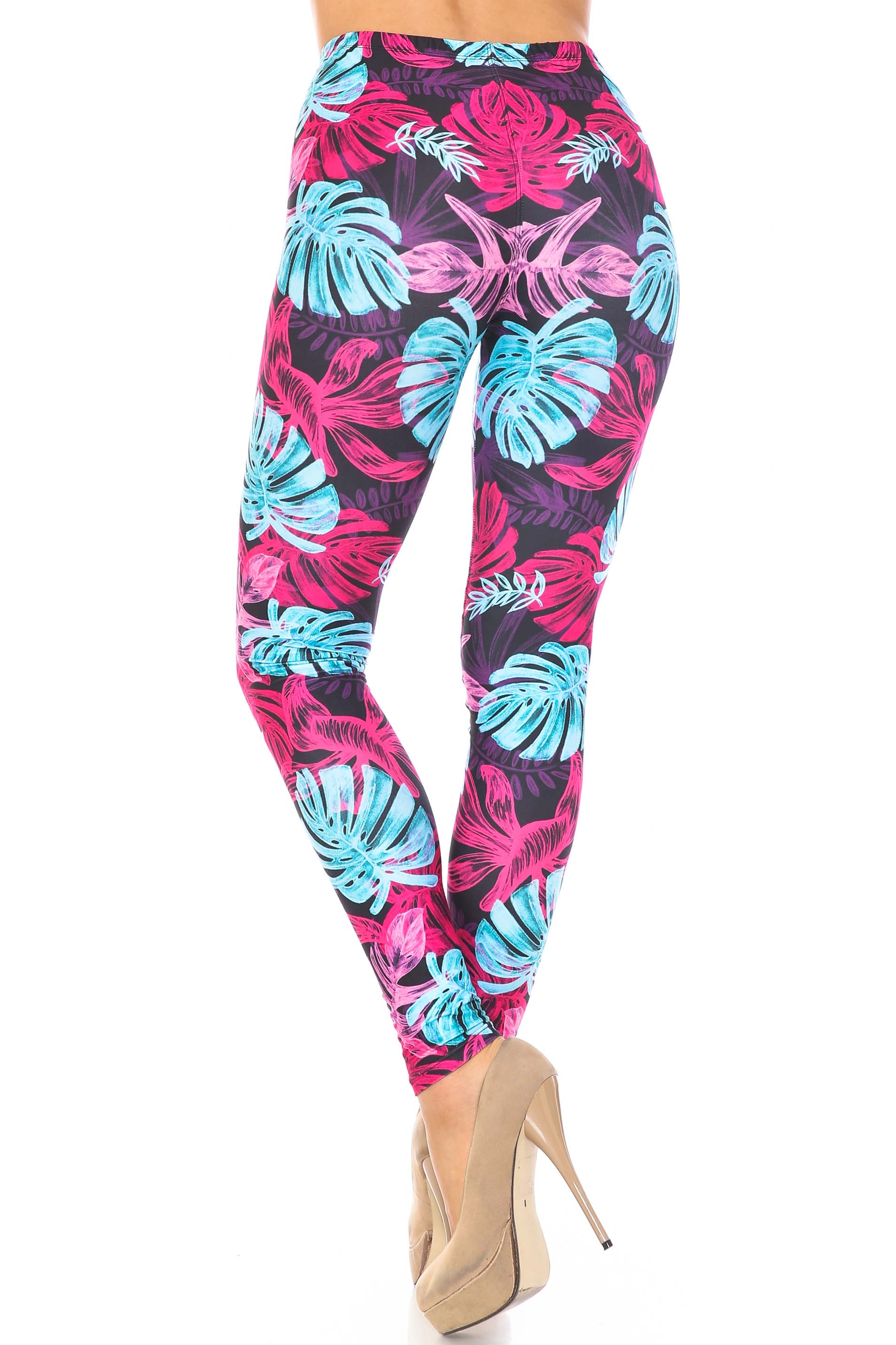 Wholesale Creamy Soft Vivid Tropical Leaves Plus Size Leggings - USA Fashion