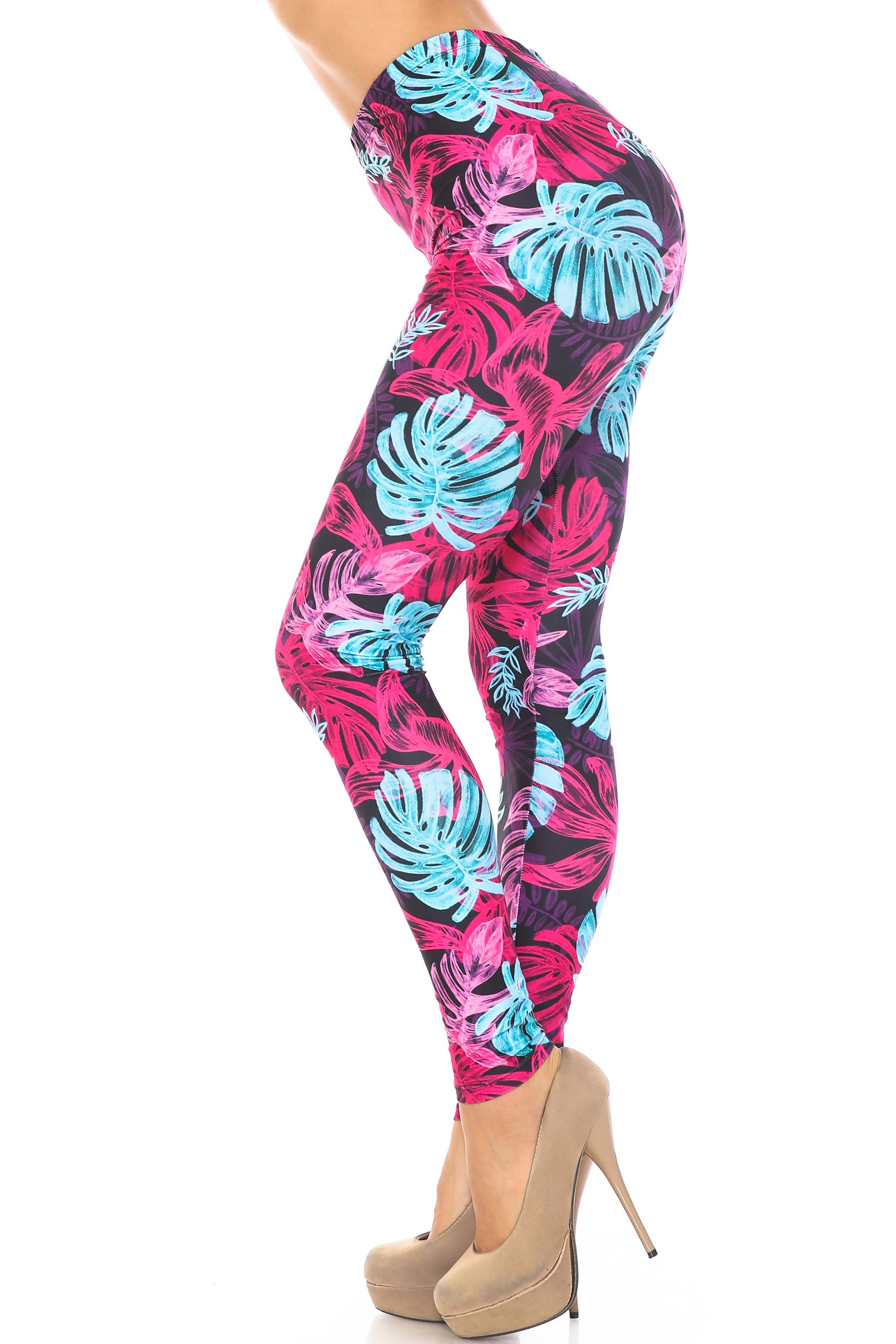 Wholesale Creamy Soft Vivid Tropical Leaves Plus Size Leggings - USA Fashion