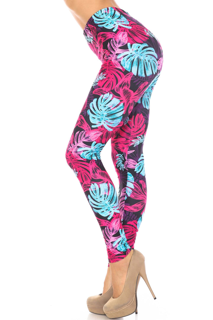 Wholesale Creamy Soft Vivid Tropical Leaves Plus Size Leggings - USA Fashion