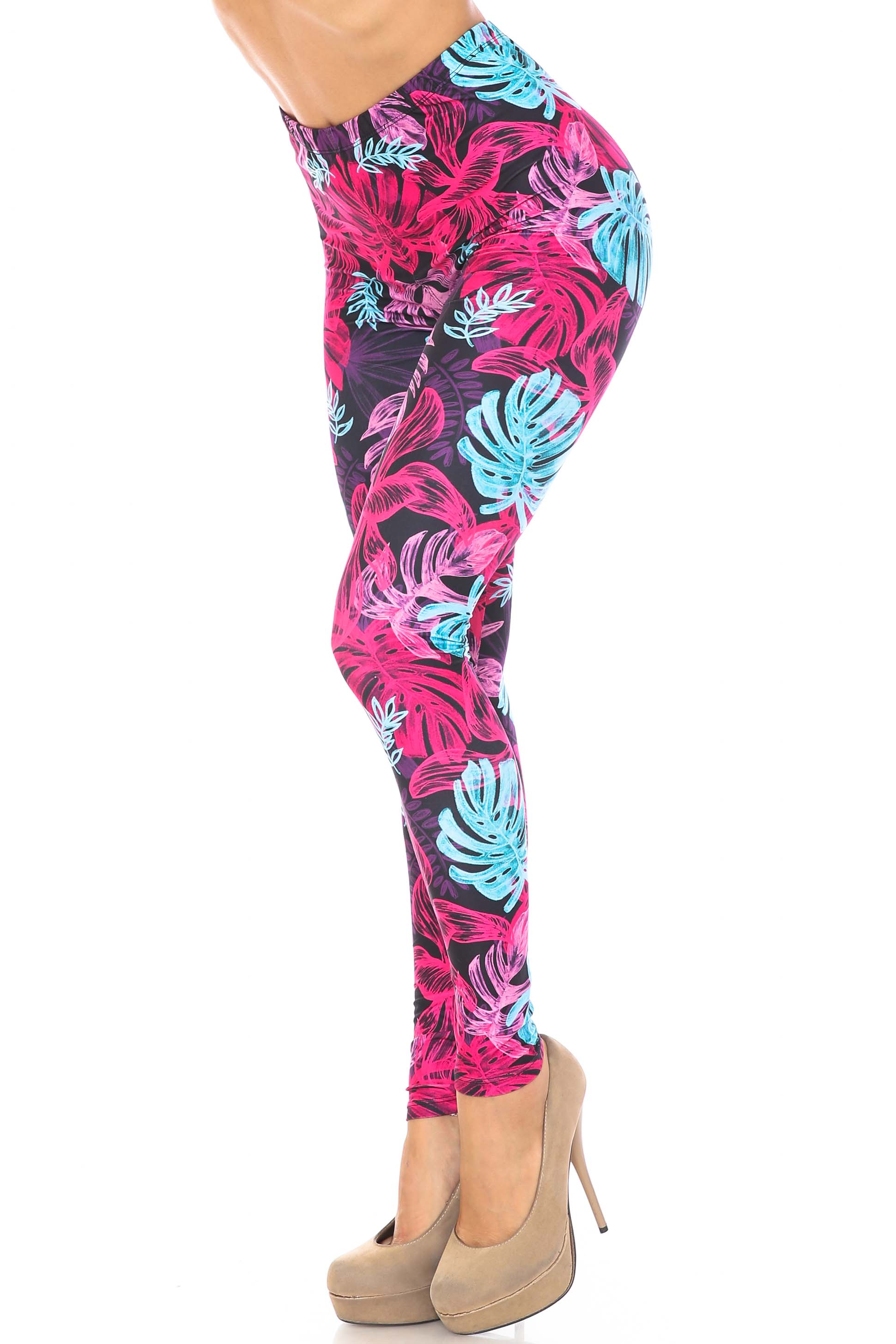 Wholesale Creamy Soft Vivid Tropical Leaves Plus Size Leggings - USA Fashion