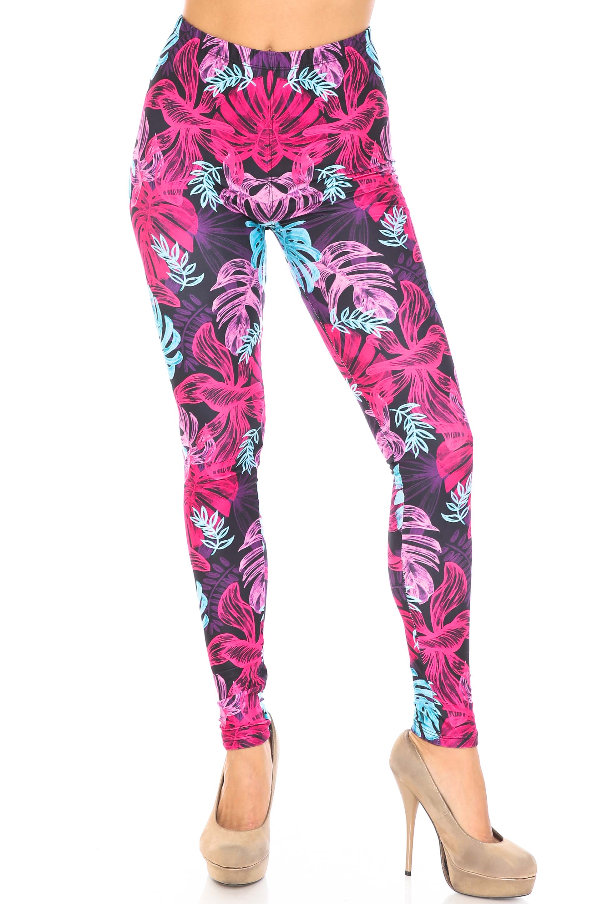 Wholesale Creamy Soft Vivid Tropical Leaves Plus Size Leggings - USA Fashion