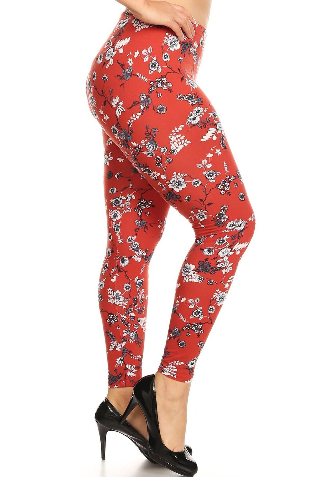 Wholesale Buttery Smooth Ruby Red Spring Floral Plus Size Leggings
