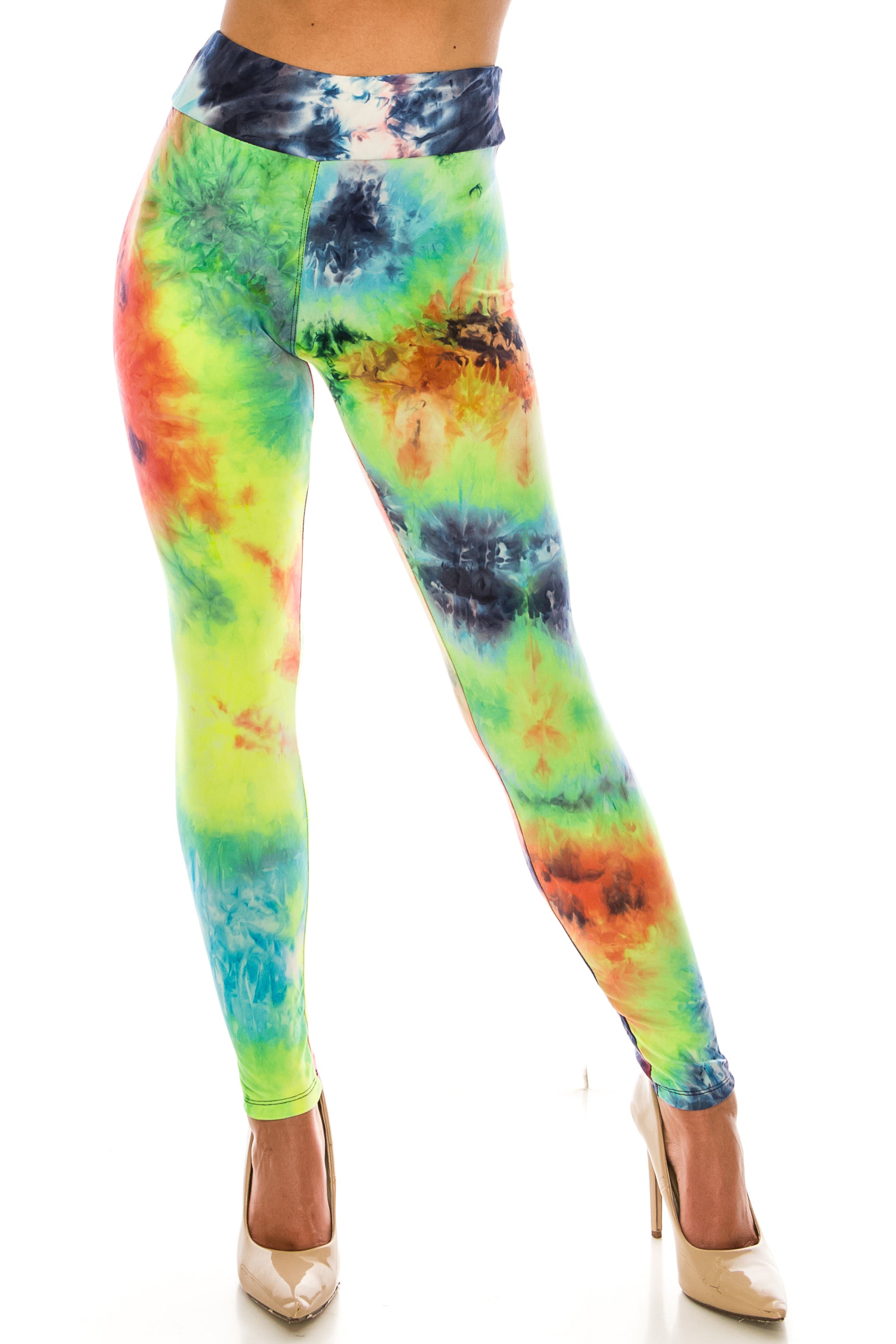 Wholesale Buttery Smooth Summer Yellow Tie Dye High Waisted Leggings - Plus Size