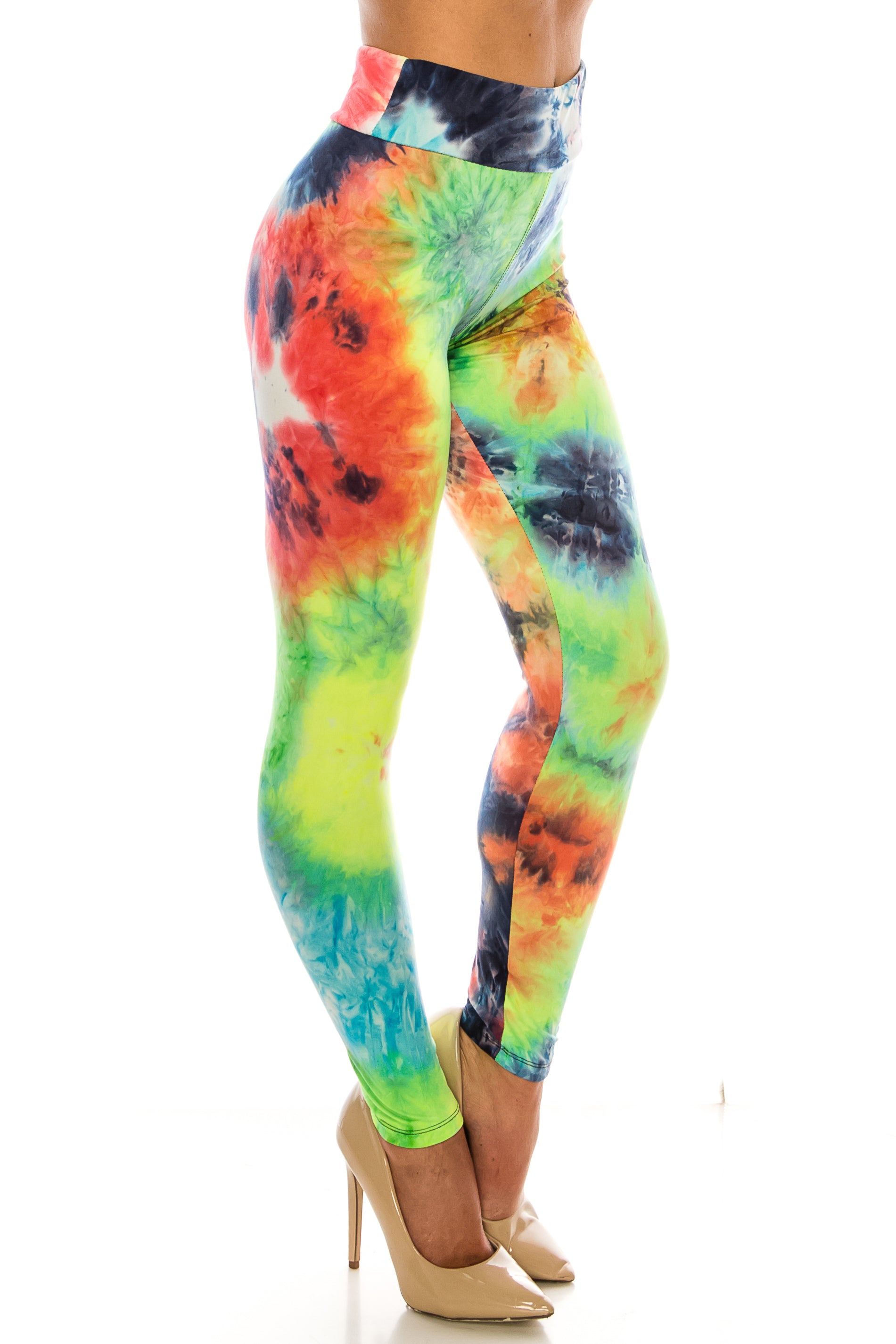 Wholesale Buttery Smooth Summer Yellow Tie Dye High Waisted Leggings - Plus Size