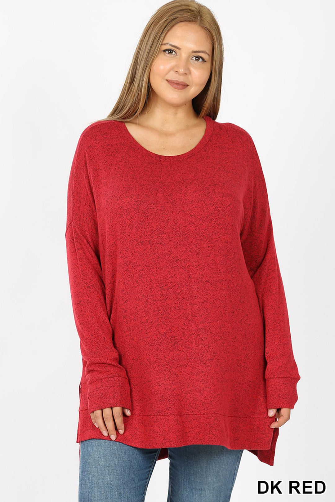 Wholesale Brushed Melange Round Neck HI-LOW Plus Size Top
