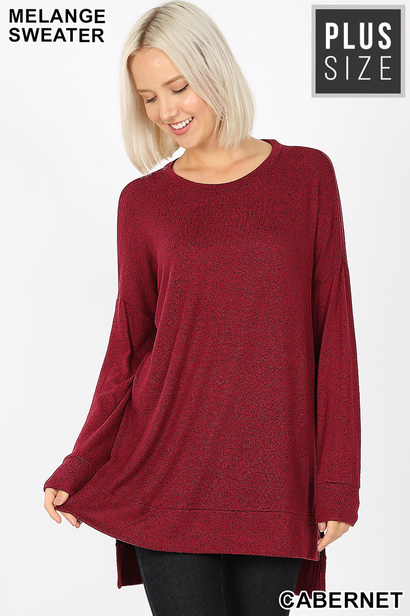 Wholesale Brushed Melange Round Neck HI-LOW Plus Size Top