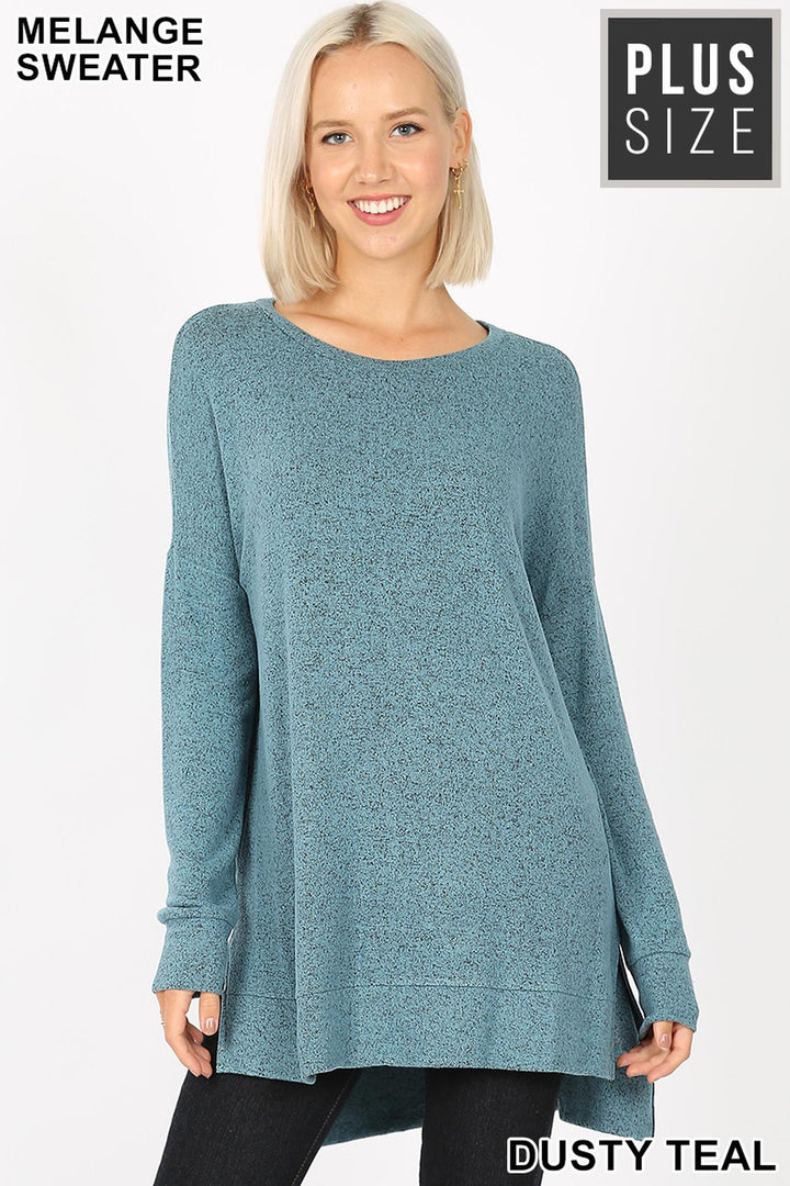 Wholesale Brushed Melange Round Neck HI-LOW Plus Size Top