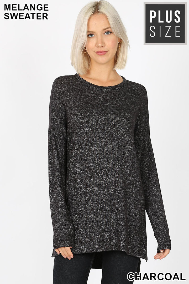 Wholesale Brushed Melange Round Neck HI-LOW Plus Size Top