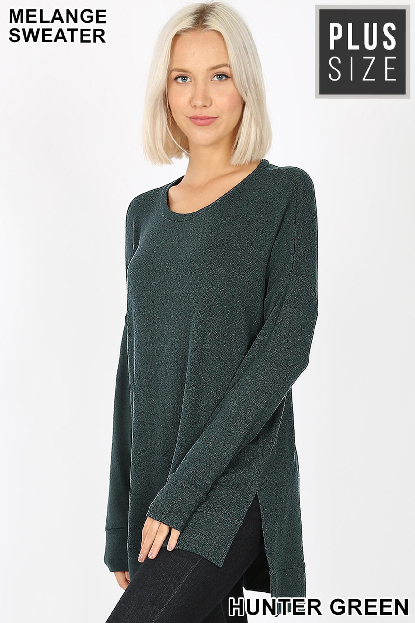 Wholesale Brushed Melange Round Neck HI-LOW Plus Size Top