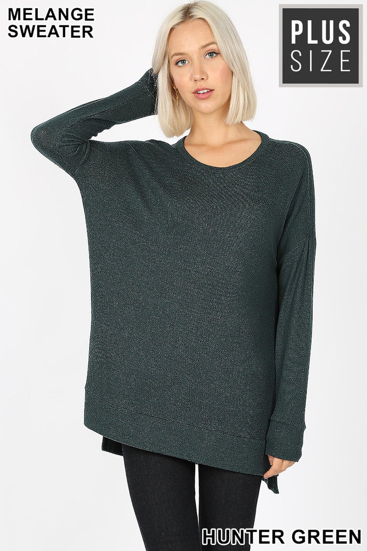 Wholesale Brushed Melange Round Neck HI-LOW Plus Size Top