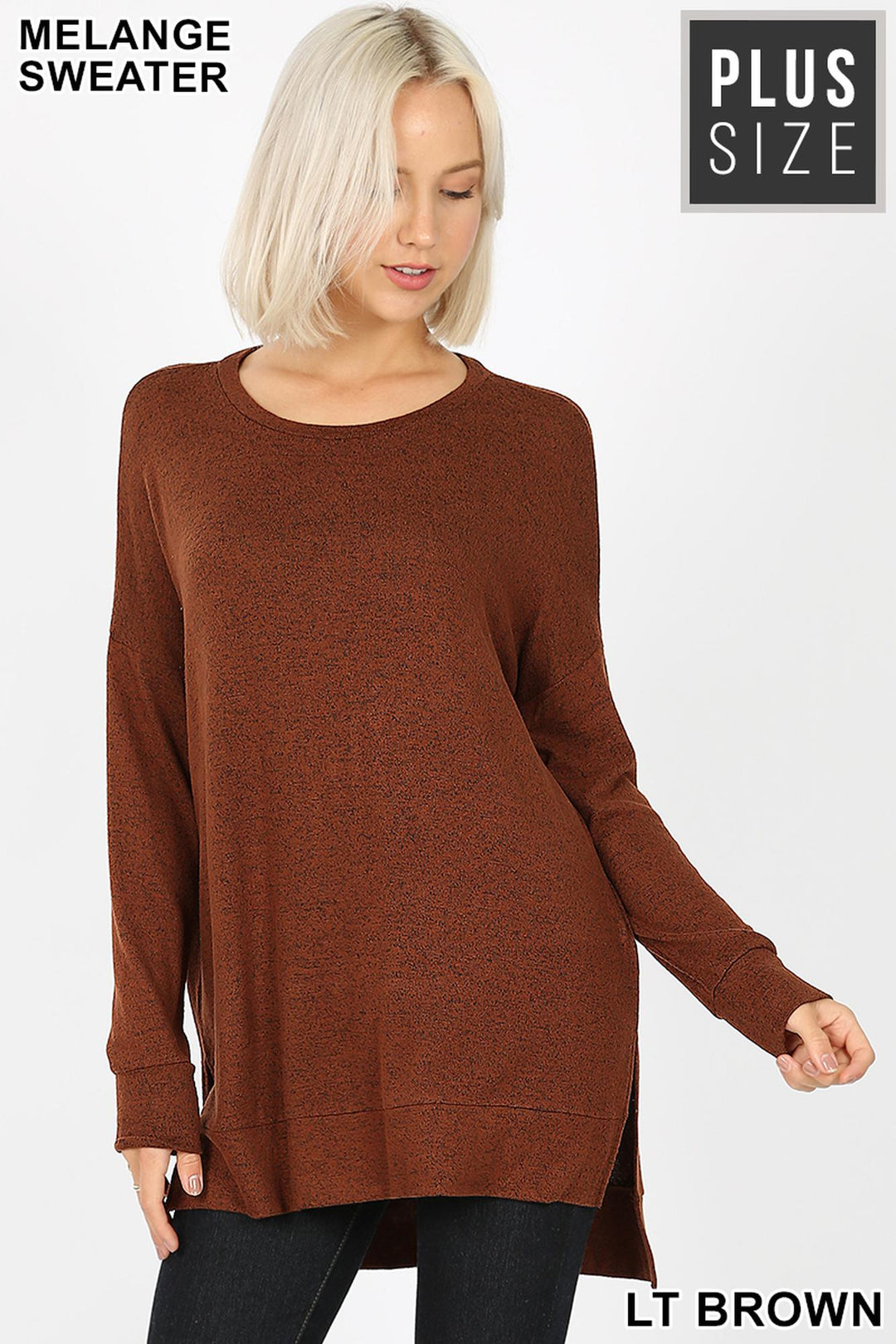 Wholesale Brushed Melange Round Neck HI-LOW Plus Size Top