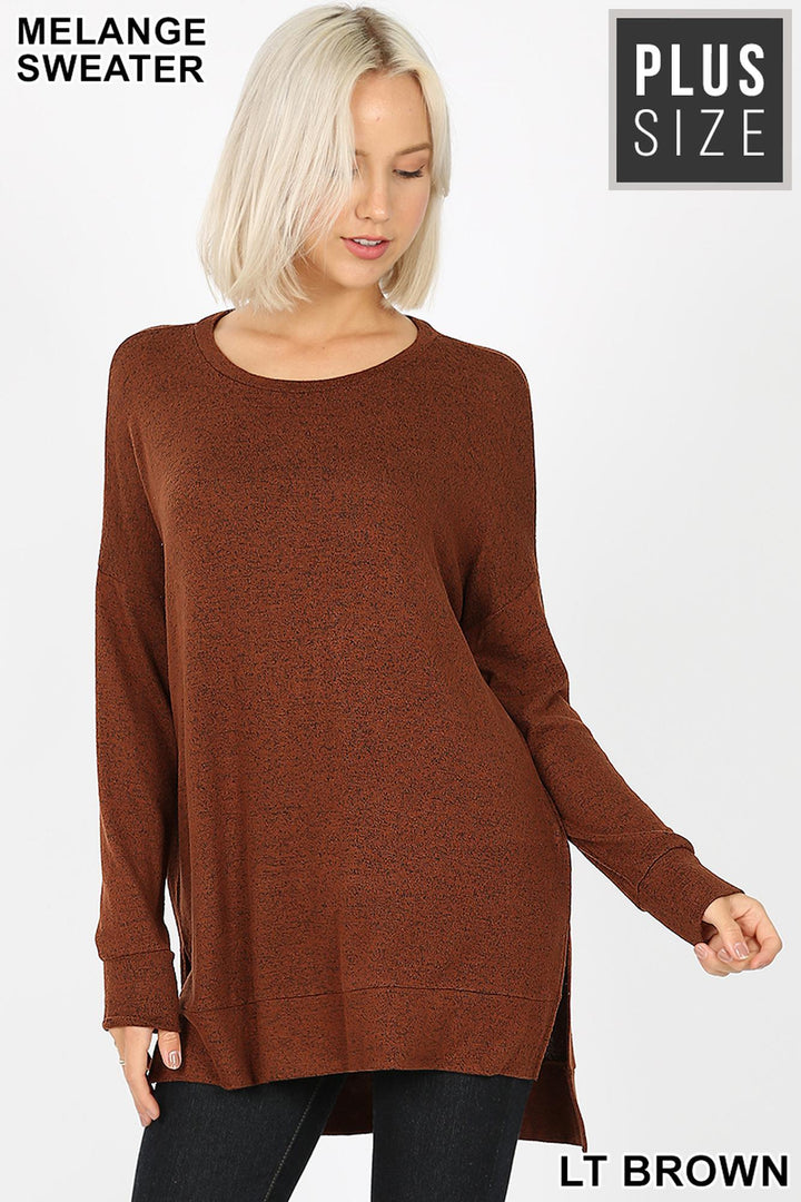 Wholesale Brushed Melange Round Neck HI-LOW Plus Size Top