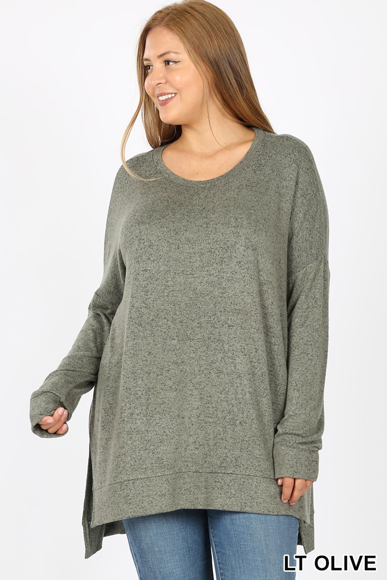 Wholesale Brushed Melange Round Neck HI-LOW Plus Size Top